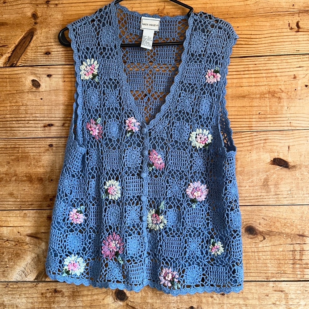 Handmade Blue Crochet Vest with Floral Accents